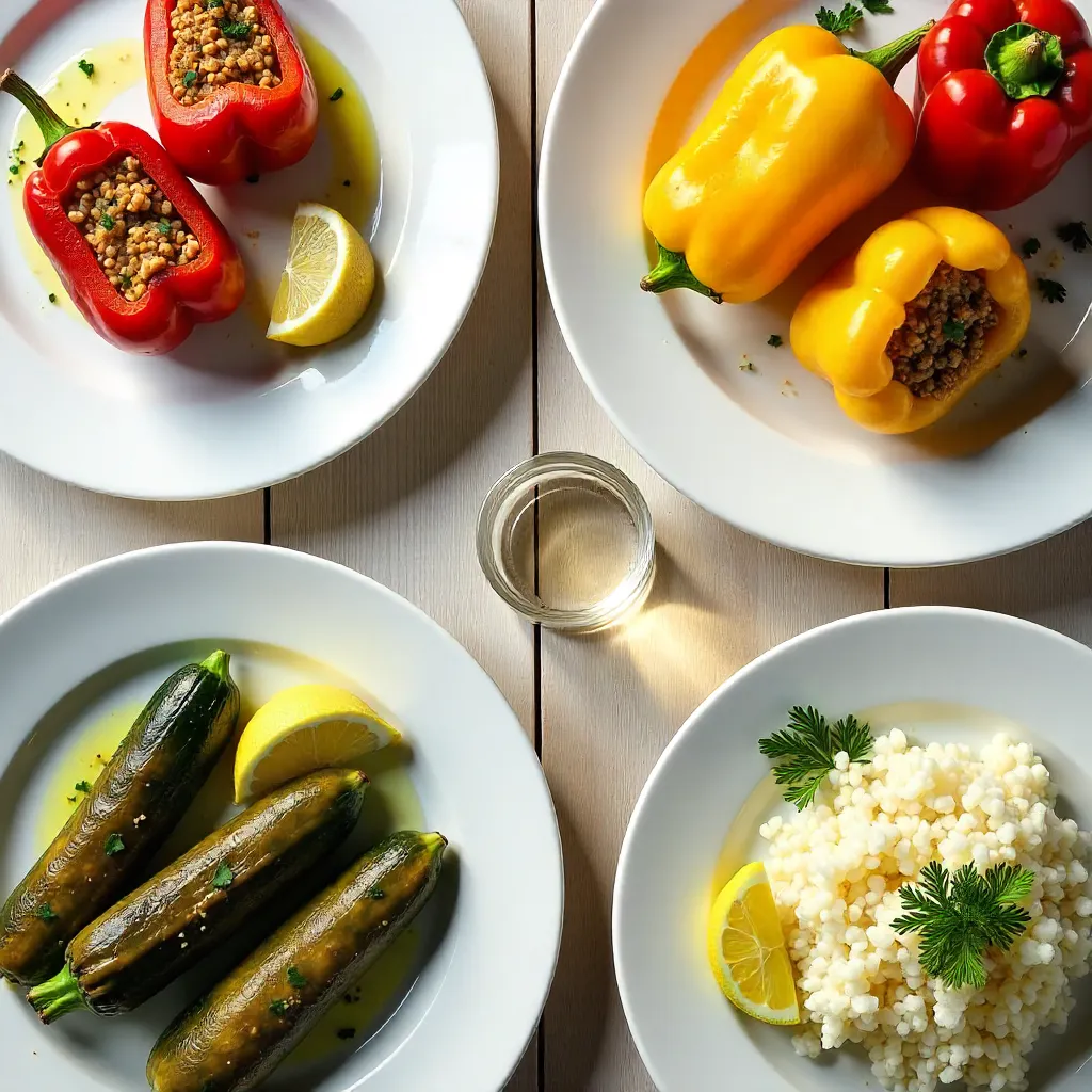 Overhead Mediterranean Stuffed Veggies with Lemon Plates