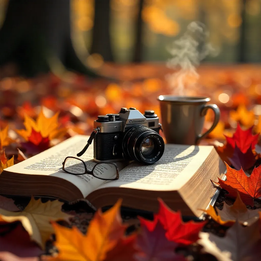 Cozy Autumn Reading: Open Book and Camera on Leaves