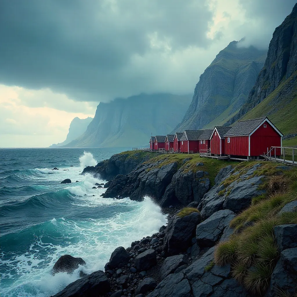 Nordland Red Huts Under Moody Skies