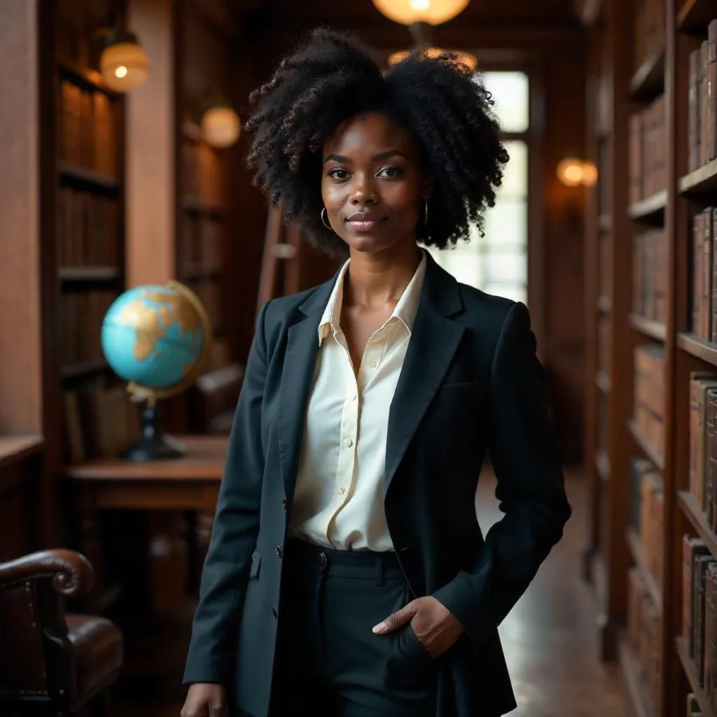 Confident Black Woman in a Grand Library