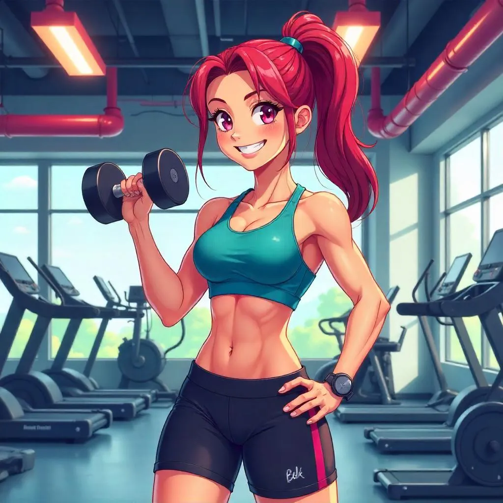 Cheerful Caucasian Anime Girl in a Gym