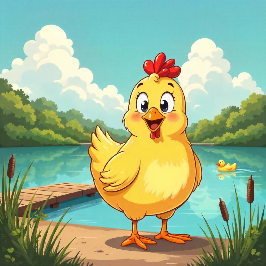 Whimsical Cartoon Chicken by the Lake