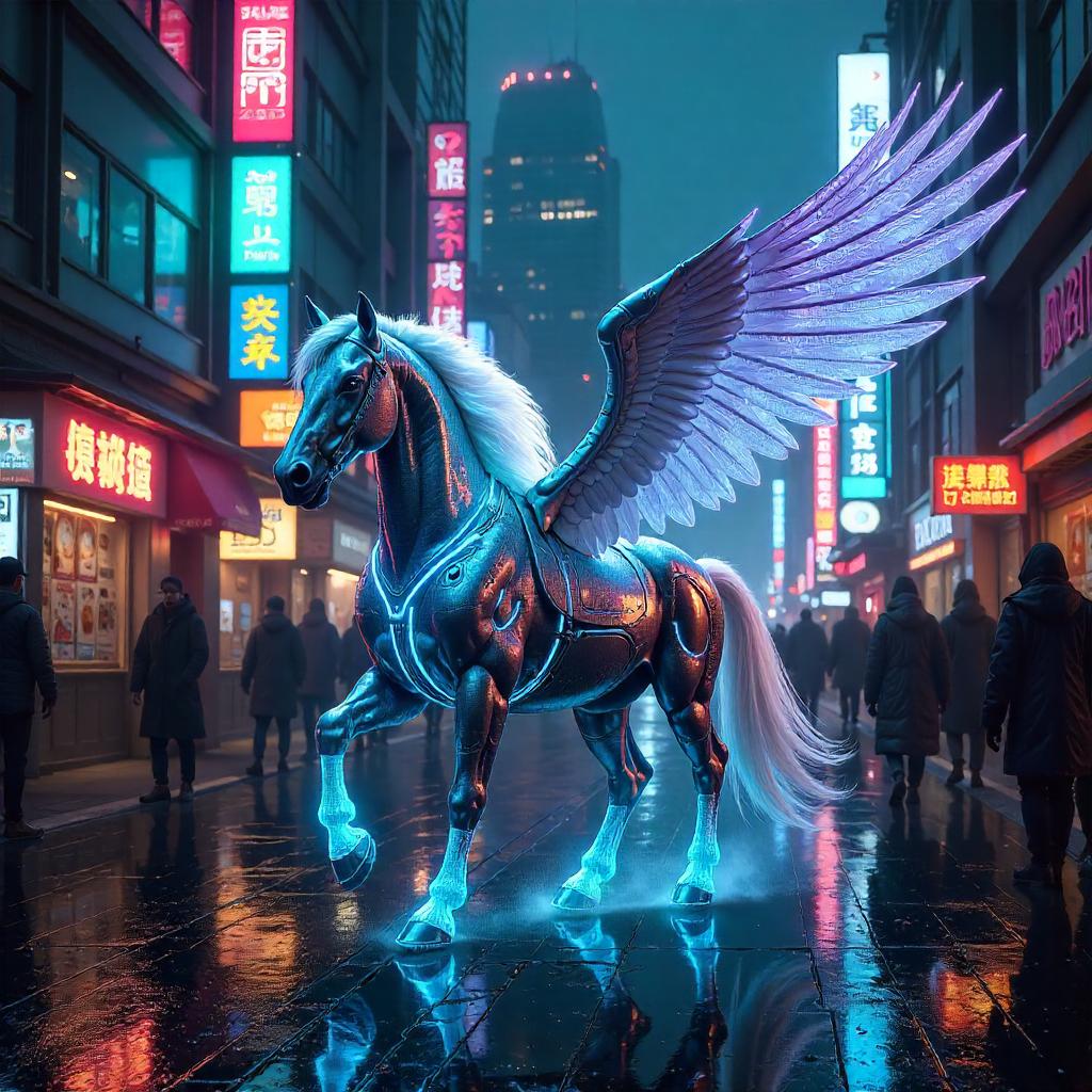 Pegasus in Neon Cyberpunk Street
