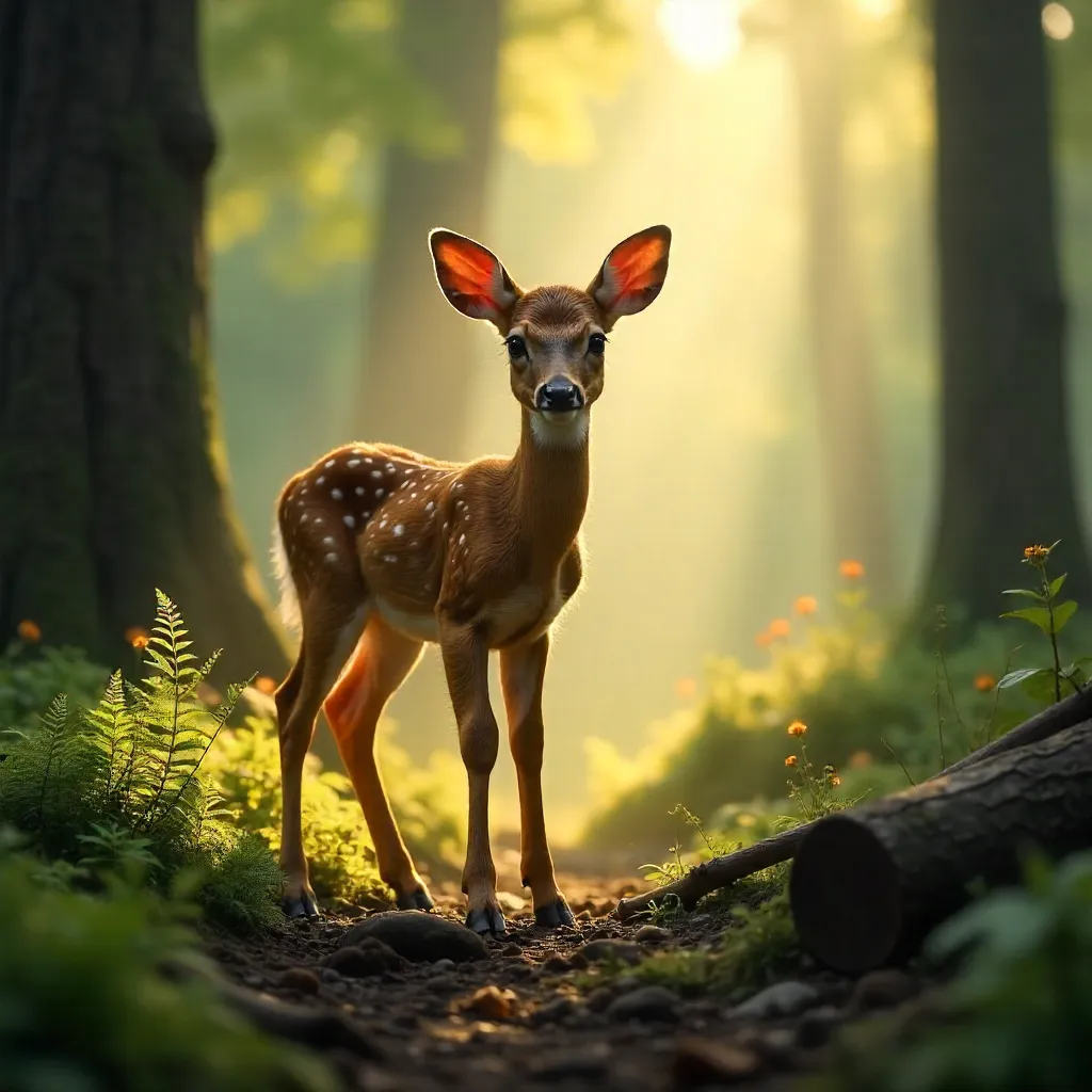 Young Deer in a Sunlit Forest Clearing