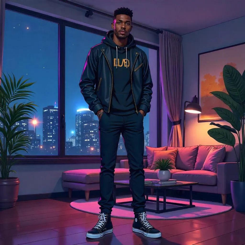 Stylish Black Man in a Neon-Lit Apartment