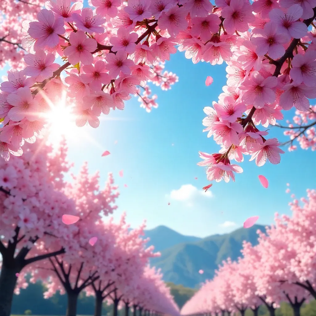 Azure Sky and Pink Cherry Blossoms in Full Bloom