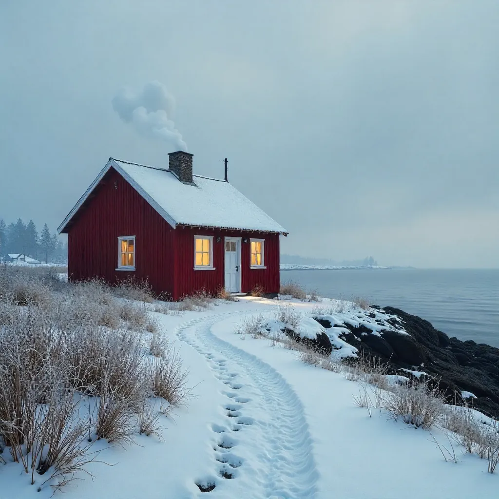 Solitary Danish Cabin by Hvalpsund in Winter