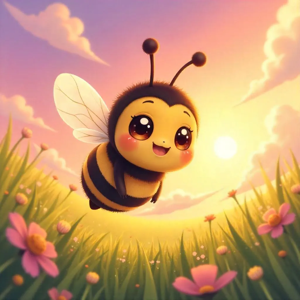 Sunrise Anime Bee Over Dewy Meadow