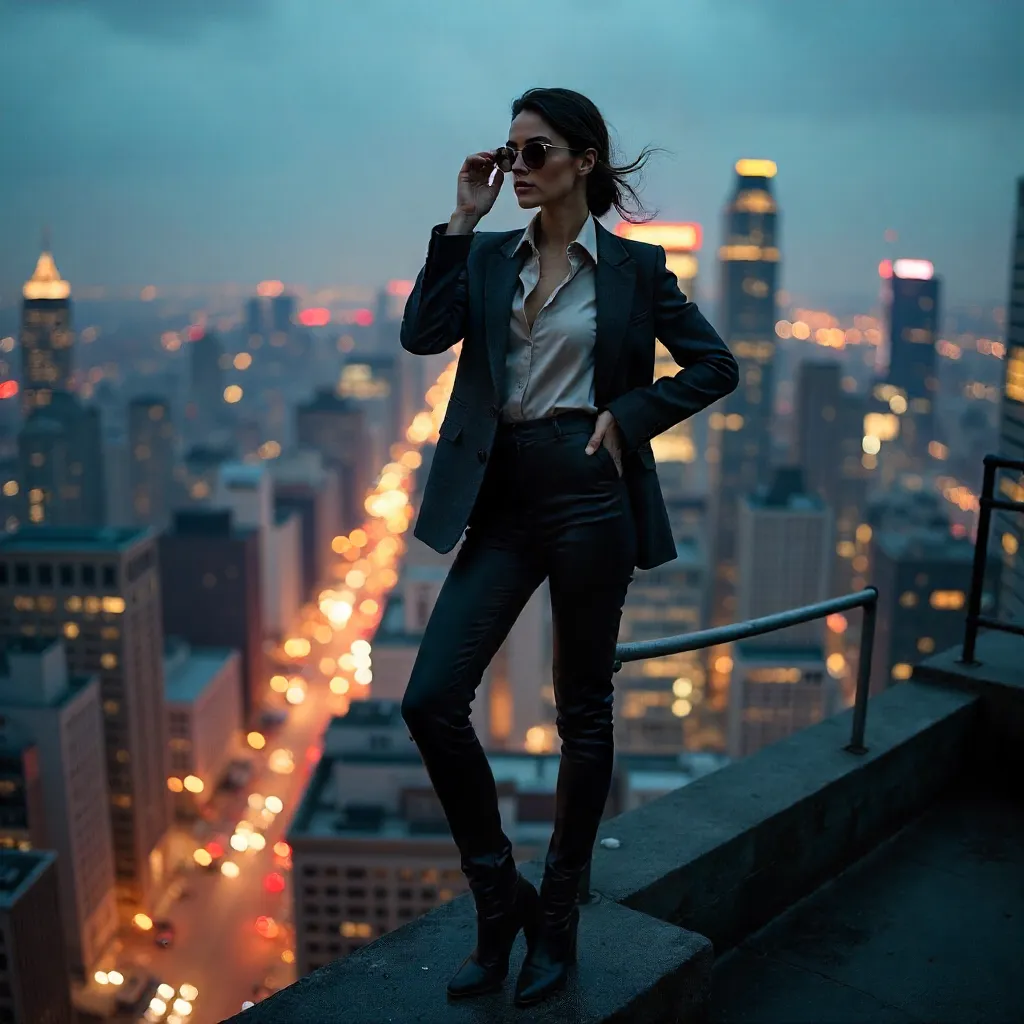 Confident Fashion on Urban Rooftop Ledge