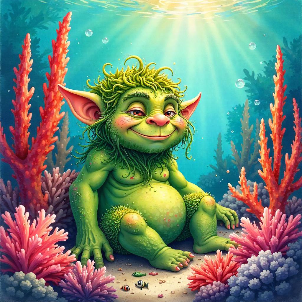 Gentle Troll in a Coral Reef Watercolor