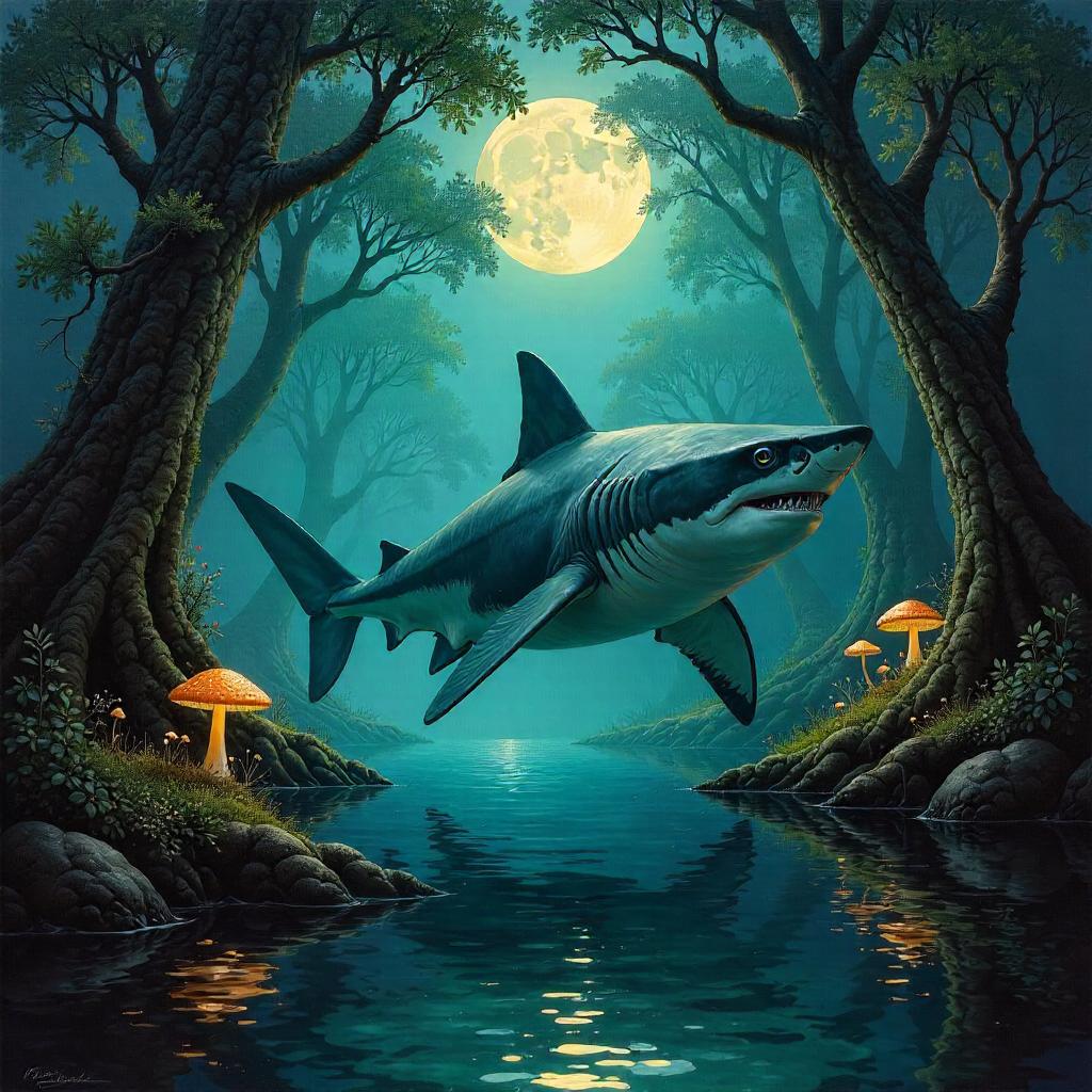 Shark in a Mystical Forest: An Oil Painting Dream