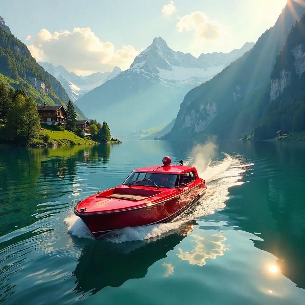 Red Gondola Over Swiss Lake Amidst Lush Alpine Peaks