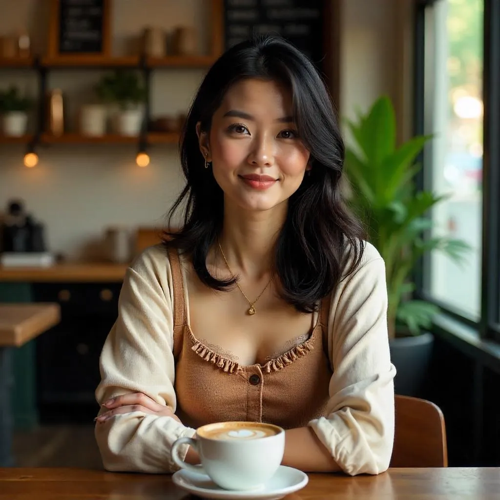 Stylish Asian Woman in a Cozy Coffee Shop