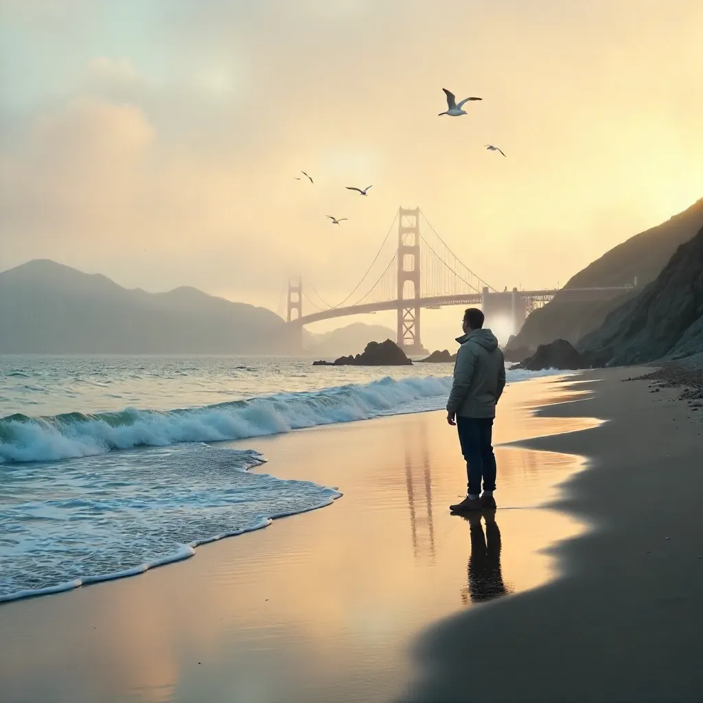 Lone Figure at a Tranquil San Francisco Beach