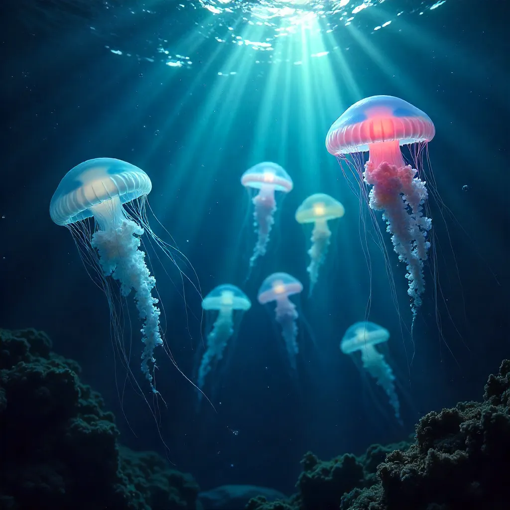Soft Glowing Jellyfish Swarm Underwater Ballet