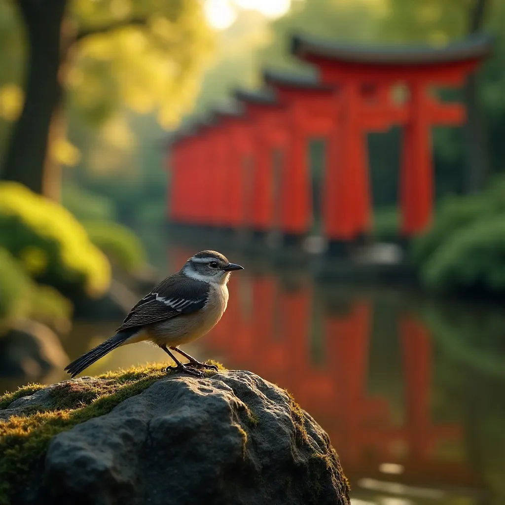 Bird on Rock in Buenos Aires Japanese Garden with Torii
