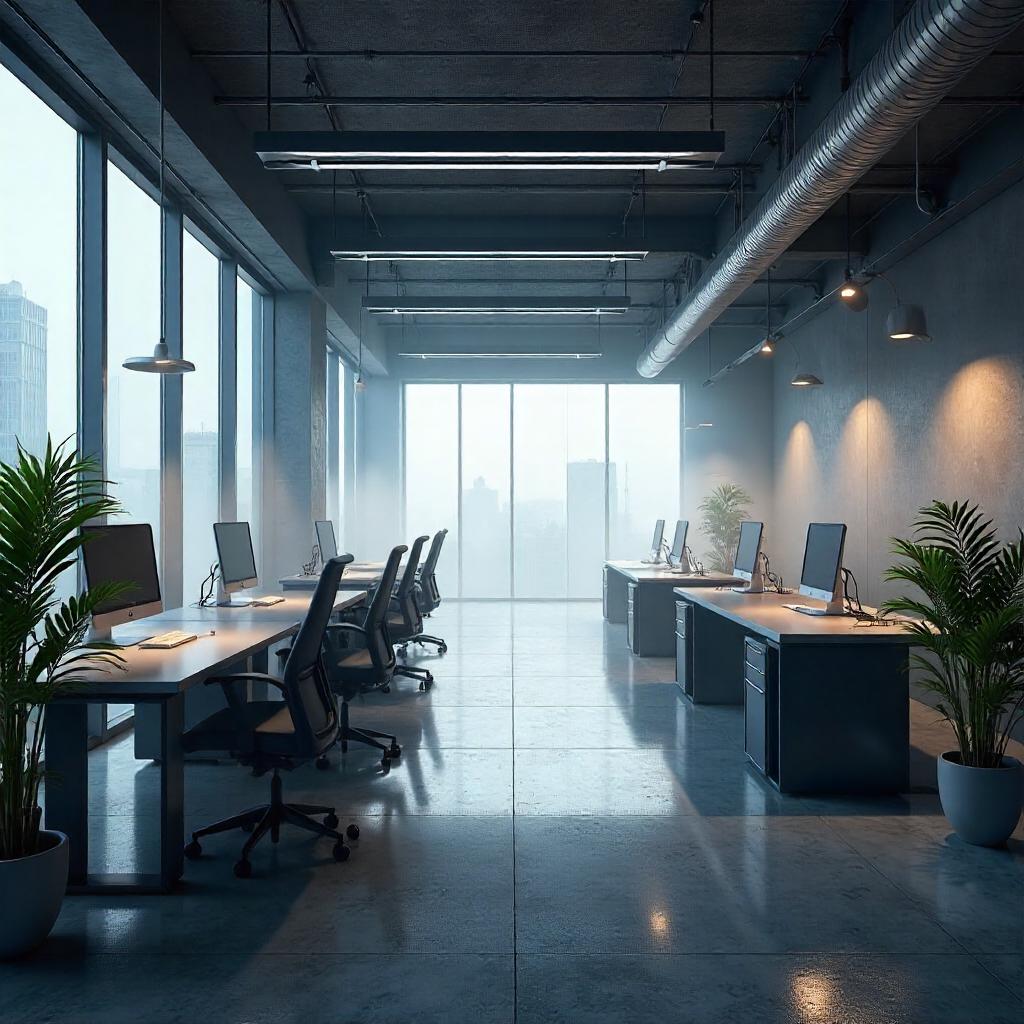 Mist-Laden 3D Office: Glass, Steel and Fog