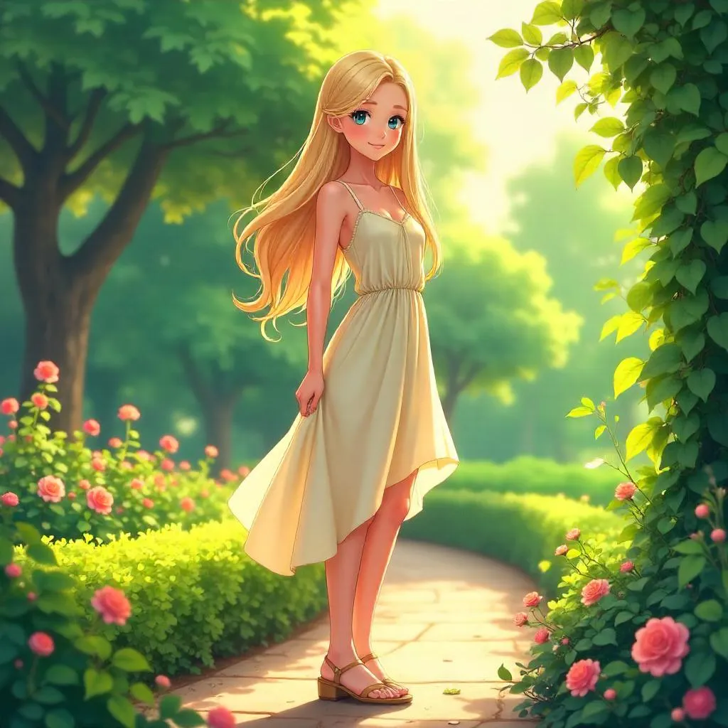 Anime-Style Adult Woman in a Sunlit Garden