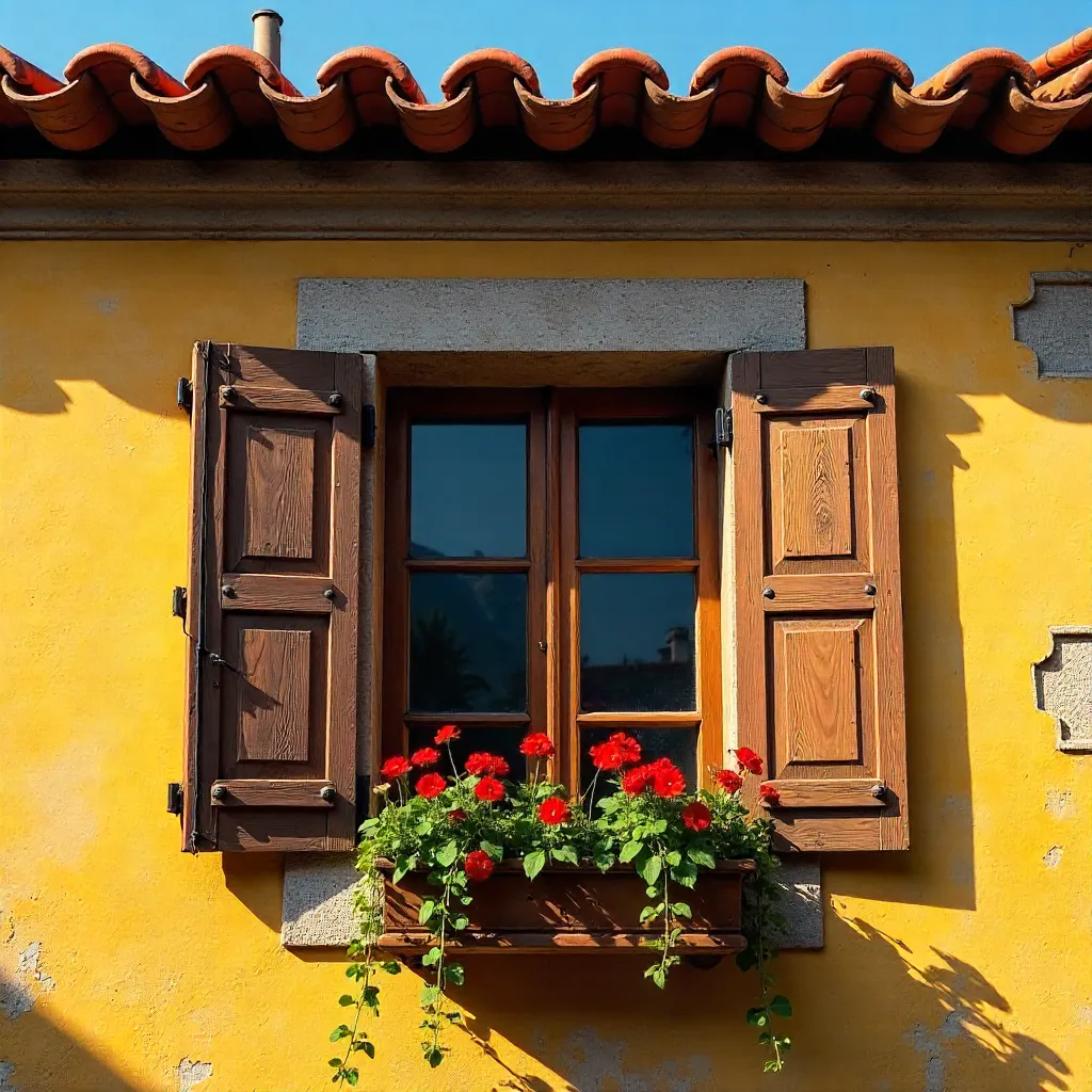 Rustic Window on a Yellow Wall with Flower Box