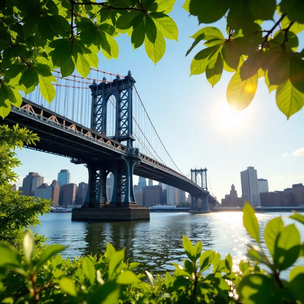Sunlit Green-Framed Manhattan Bridge View