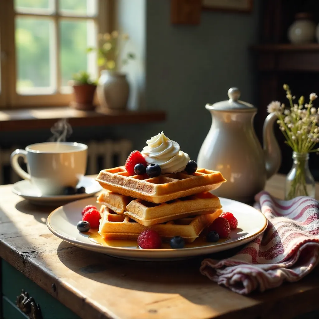 Cozy Morning Waffles with Berries and Cream