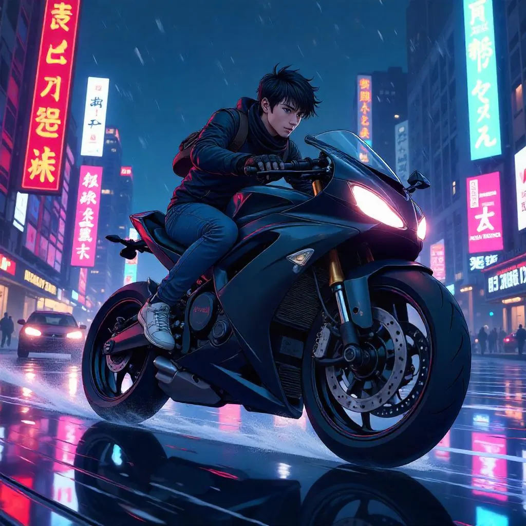 Neon Night Ride: Young Asian Man on a Motorcycle