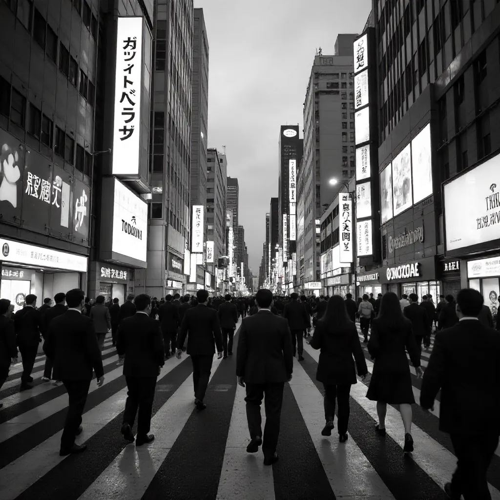 Monochrome Tokyo Street: Crowds and Glass Towers