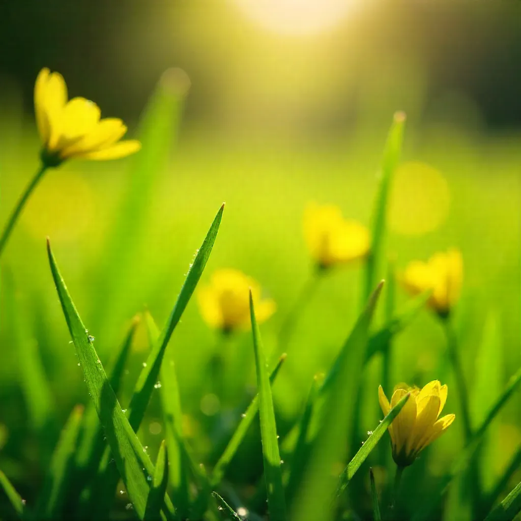 Close-Up Meadow: Green Grass and Yellow Wildflowers