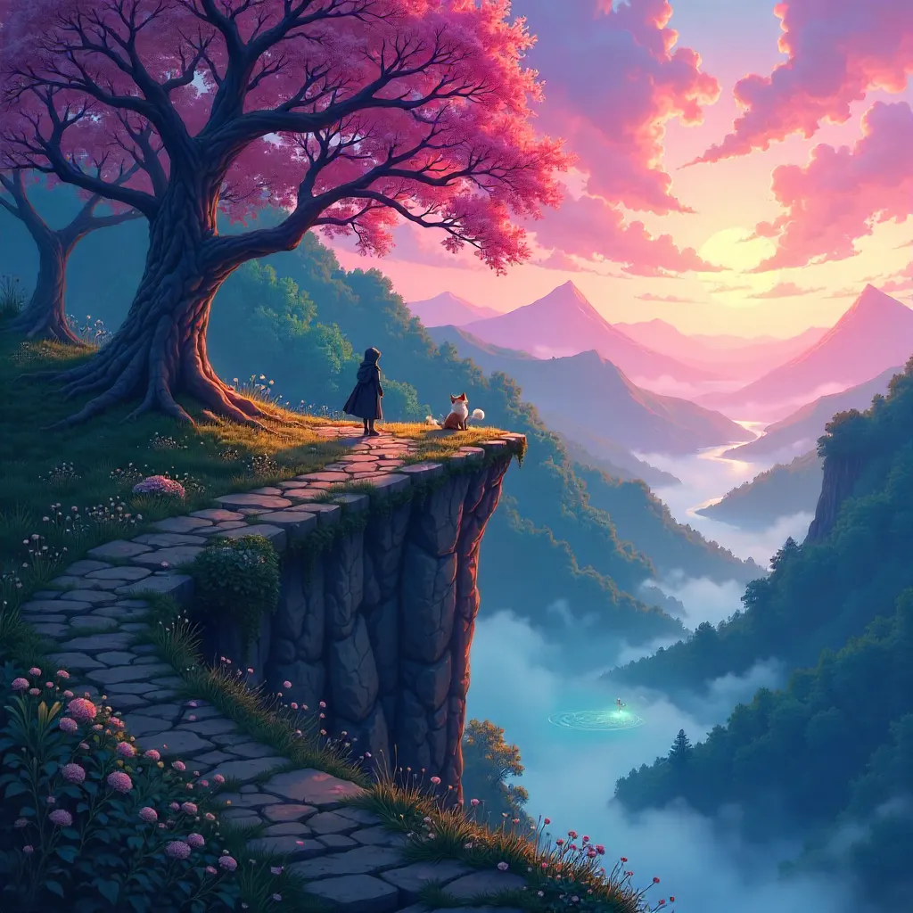 Cliffside Twilight: Anime Grove of Enchanted Magic