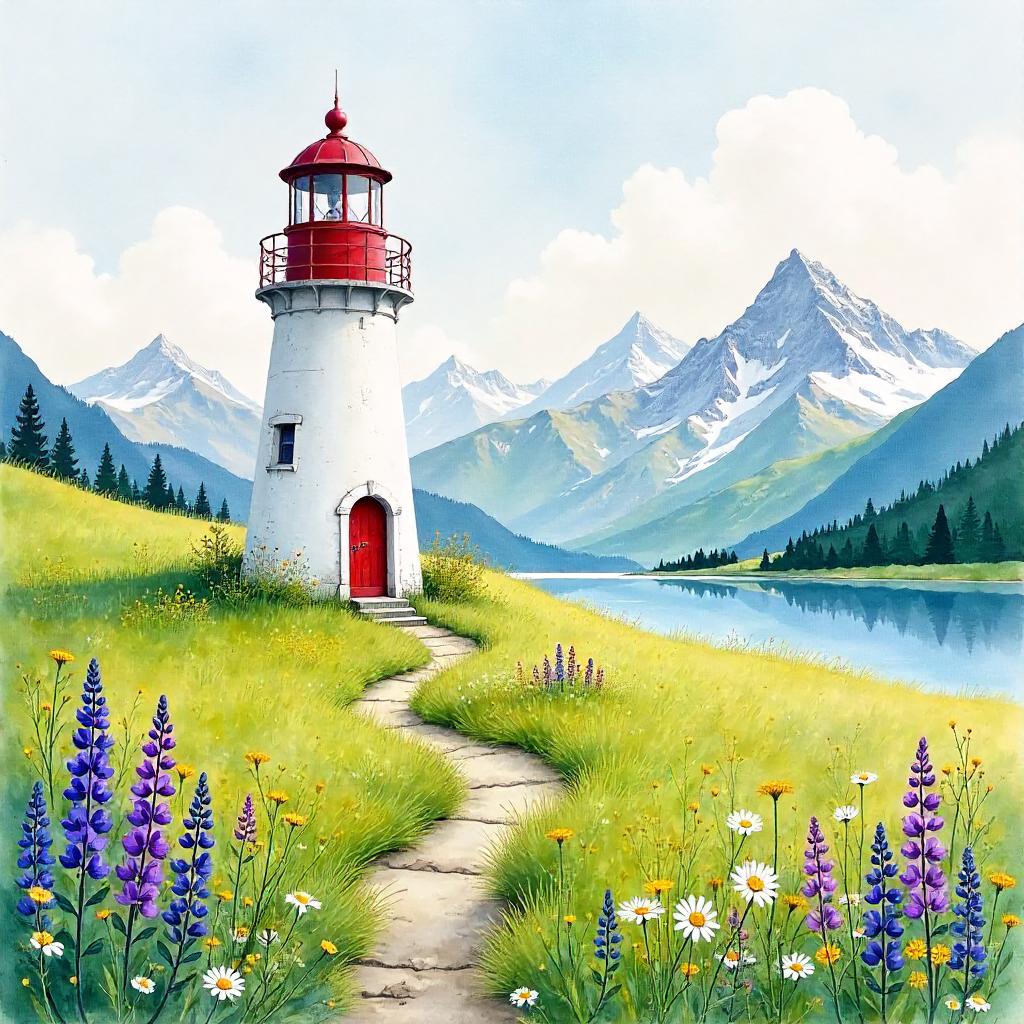 Lighthouse in an Alpine Meadow: A Watercolor Dream