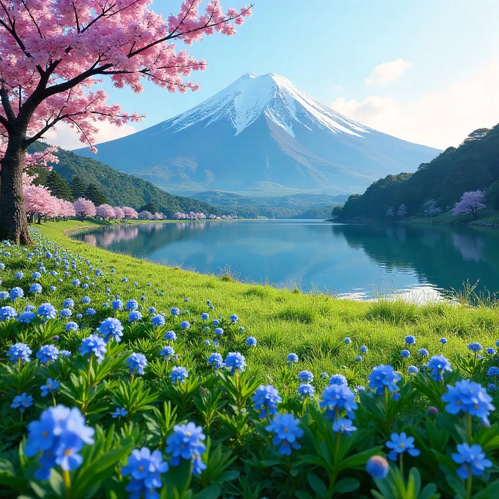 Blue-Flower Foreground with Mount Fuji in Spring
