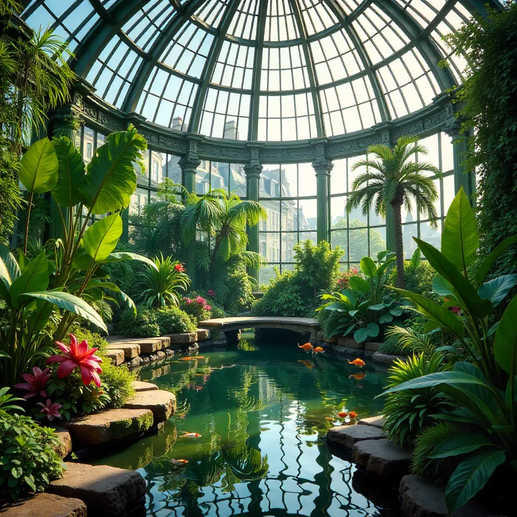Parisian Greenhouse: Lush Plants in Glass Paradise