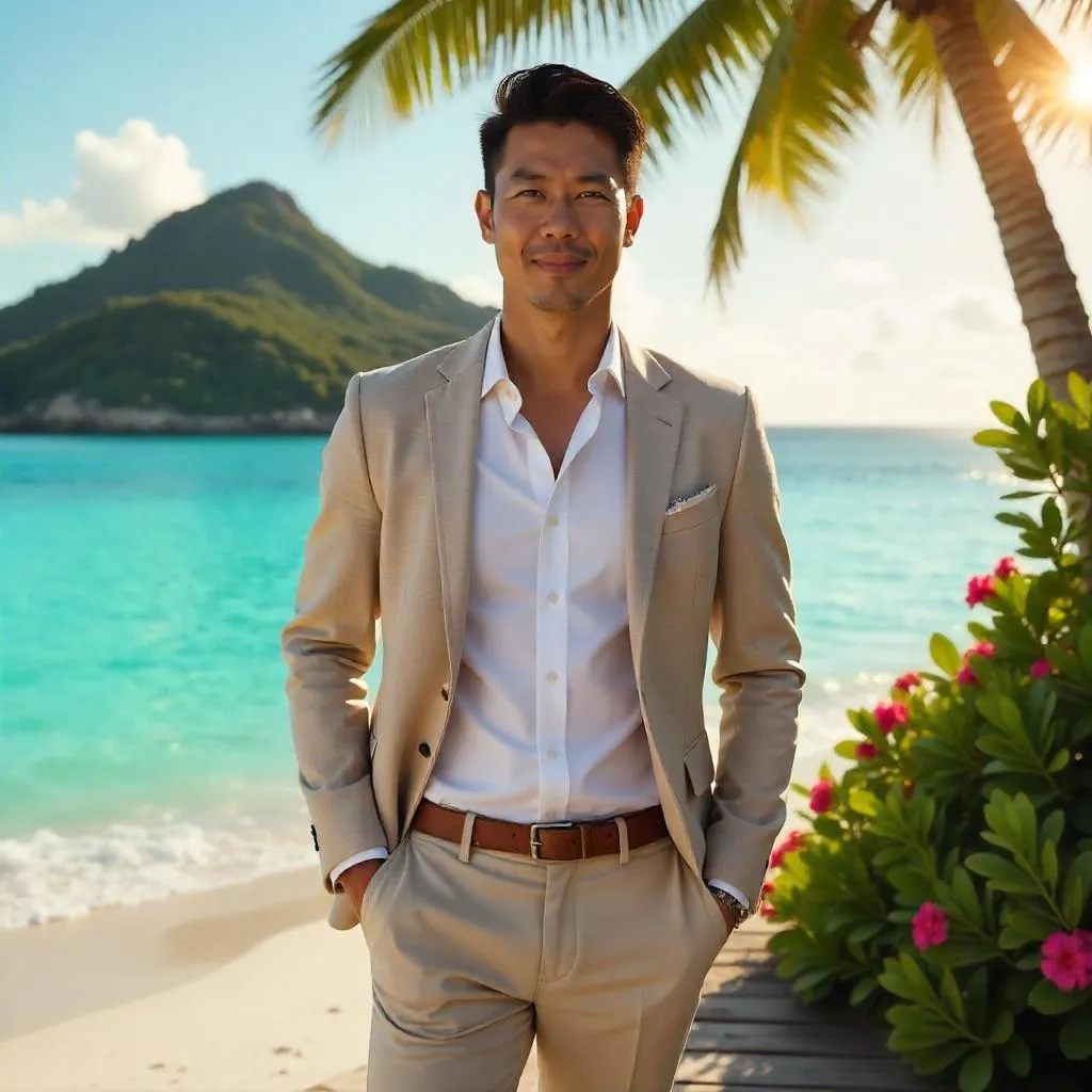 Photorealistic Asian Professional in a Tropical Paradise