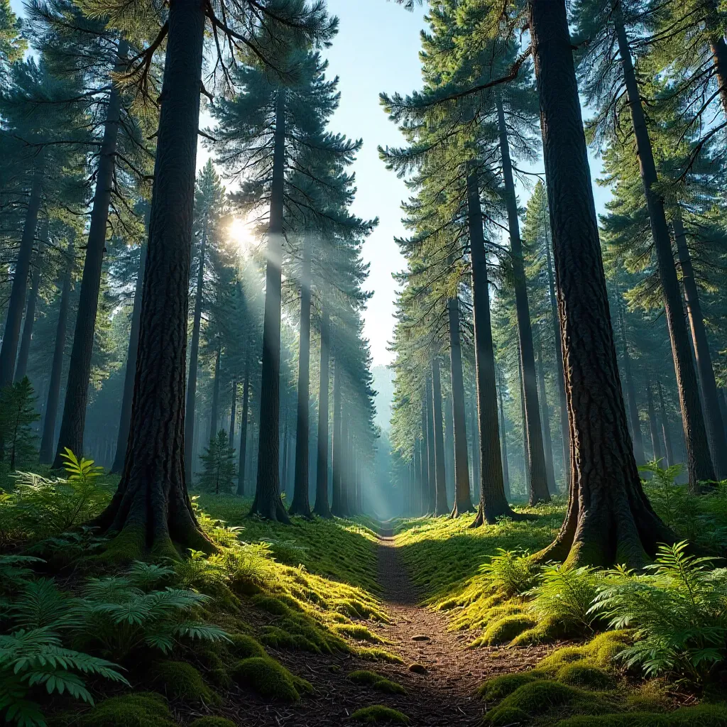 Peaceful Pine Forest Under a Clear Blue Sky