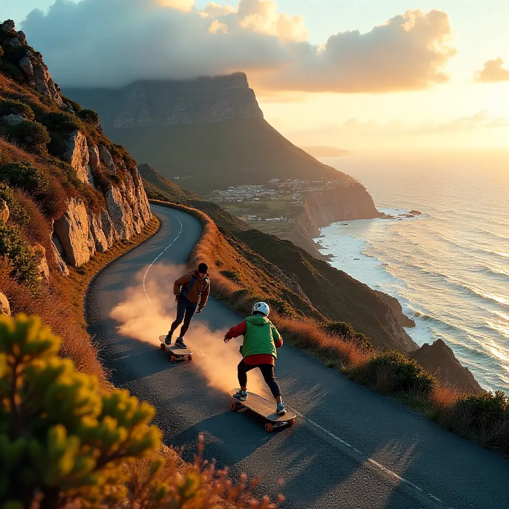 Skateboarder carving Chapman's Peak road at golden hour