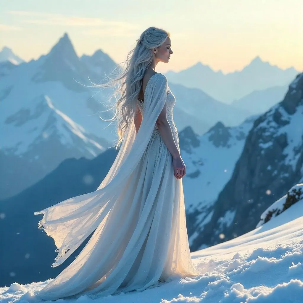 Photorealistic Nymph on a Snowy Alpine Summit