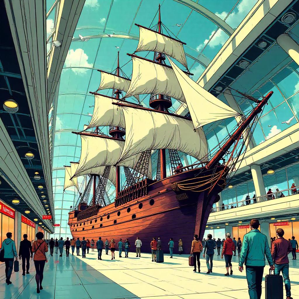 Sailing Ship Lands at the Airport: Comic Adventure