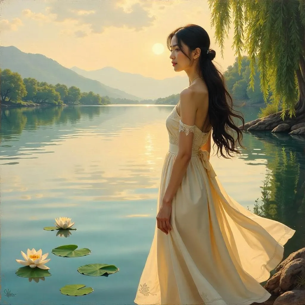 By the Lake: An Asian Woman in Oil