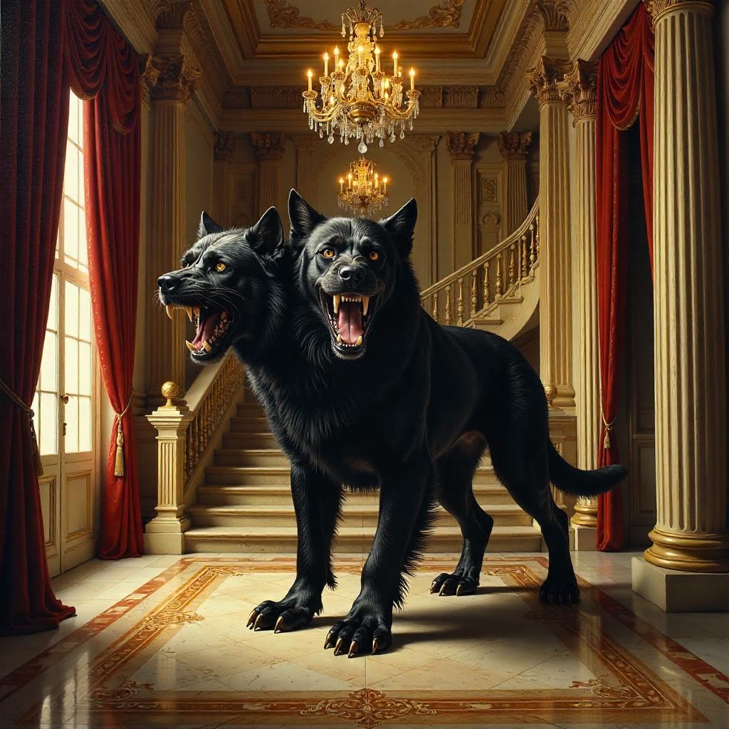 Cerberus in a Grand Villa Hall - Oil Painting