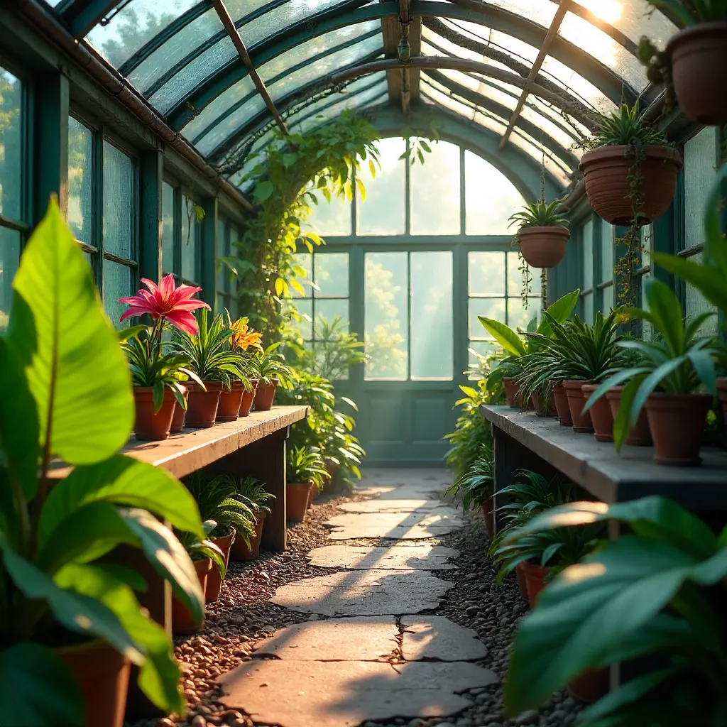 Sunlit Tranquil Greenhouse of Vibrant Plants