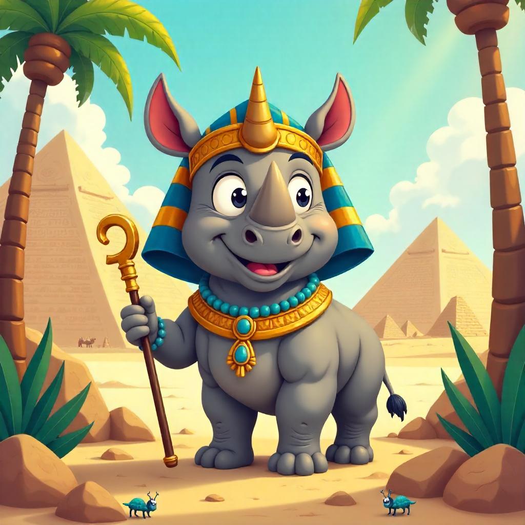 Whimsical Rhino in Ancient Egypt - Cartoon Scene