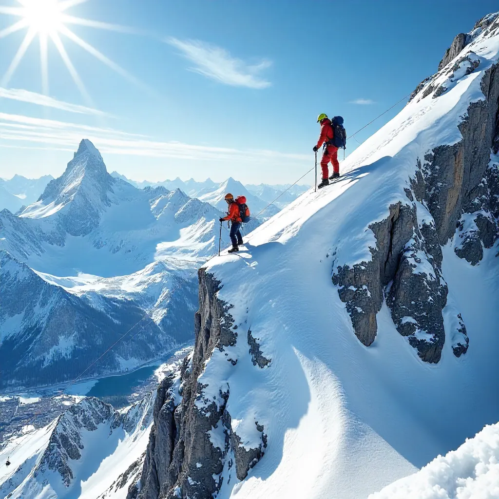 Alpinists on the snowy Aiguille du Midi ridge