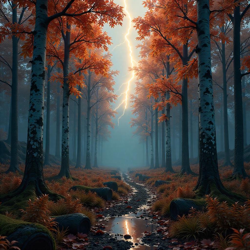 Electrifying Autumn Forest: 3D Lightning Render