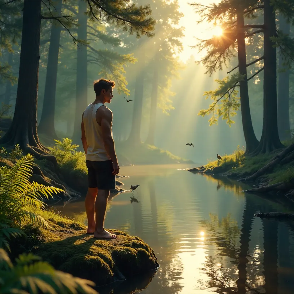 Sunlit Serenity by a Forest Pond