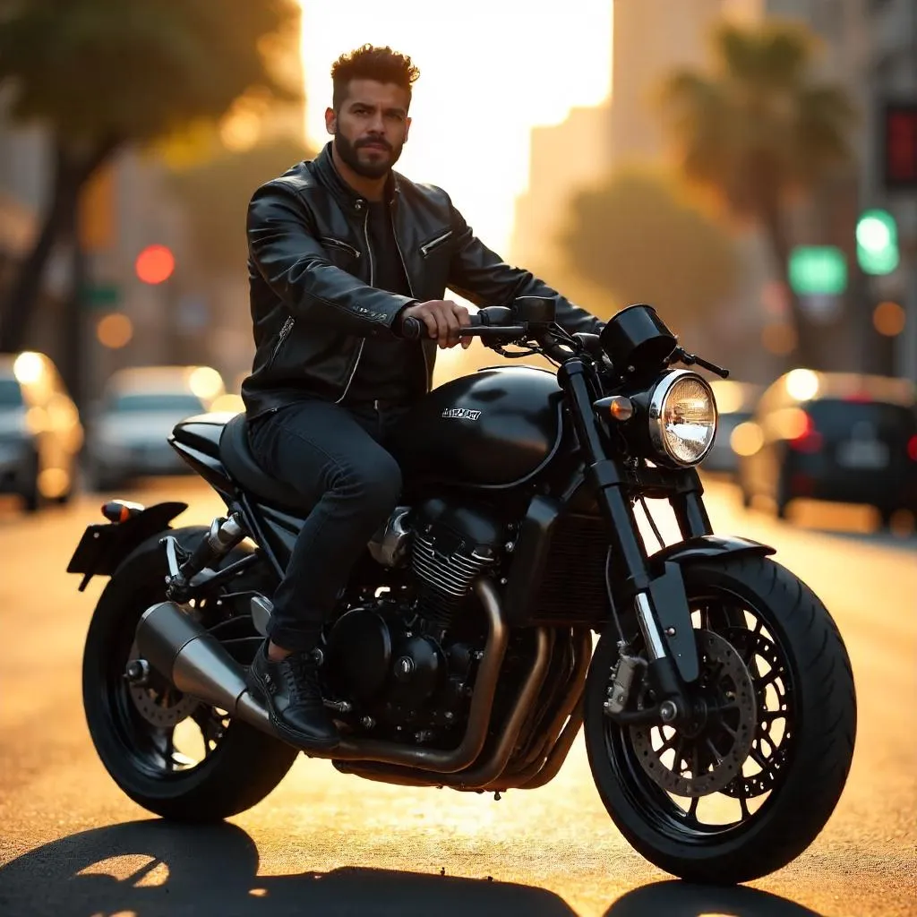 Confident Latino Rider on a Photorealistic Motorcycle