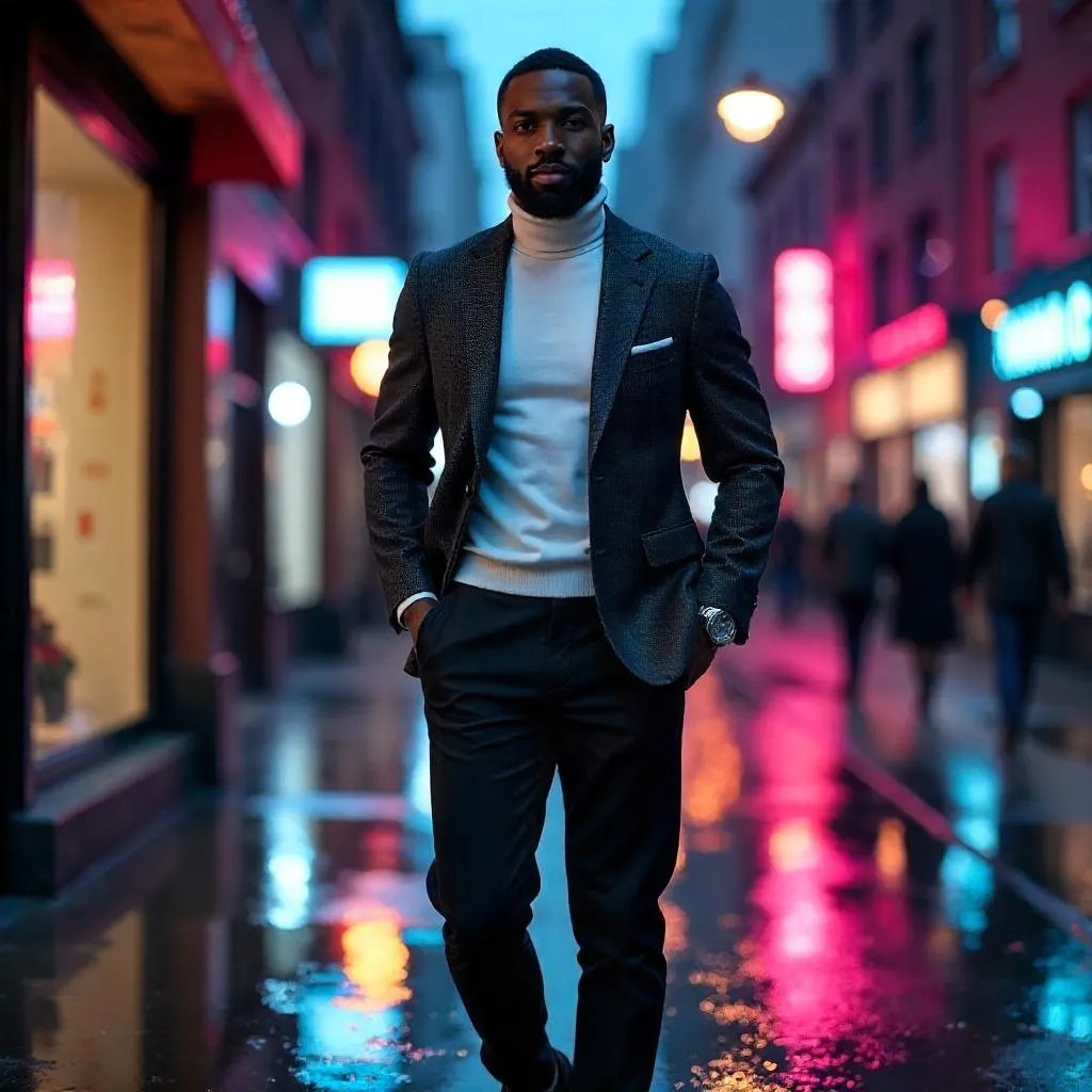 Stylish Black Man on a Neon City Street