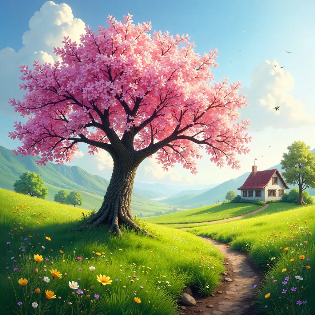 Majestic Spring Blooming Tree in Serene Countryside