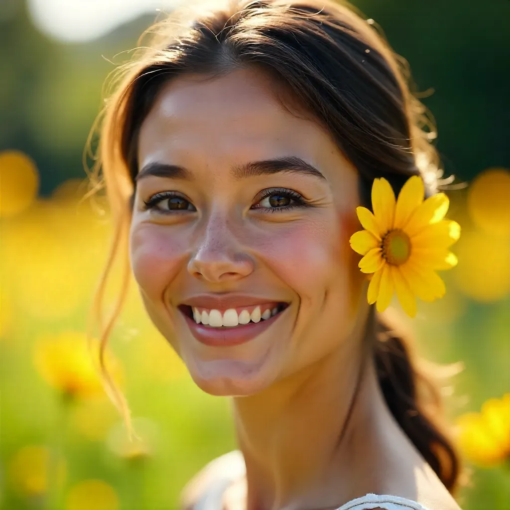 Close-Up Portrait: Woman with Yellow Flower Behind Ear