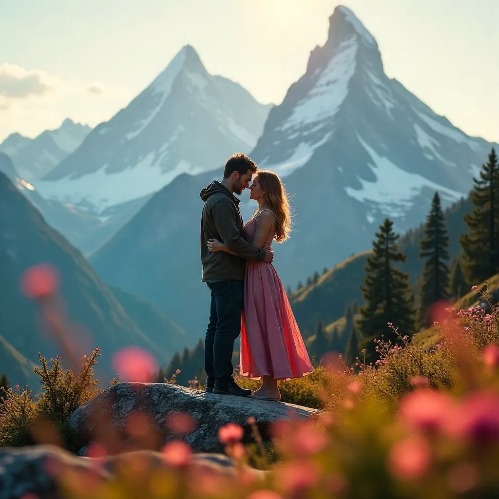 Romantic embrace in Alpine peaks with vibrant bokeh