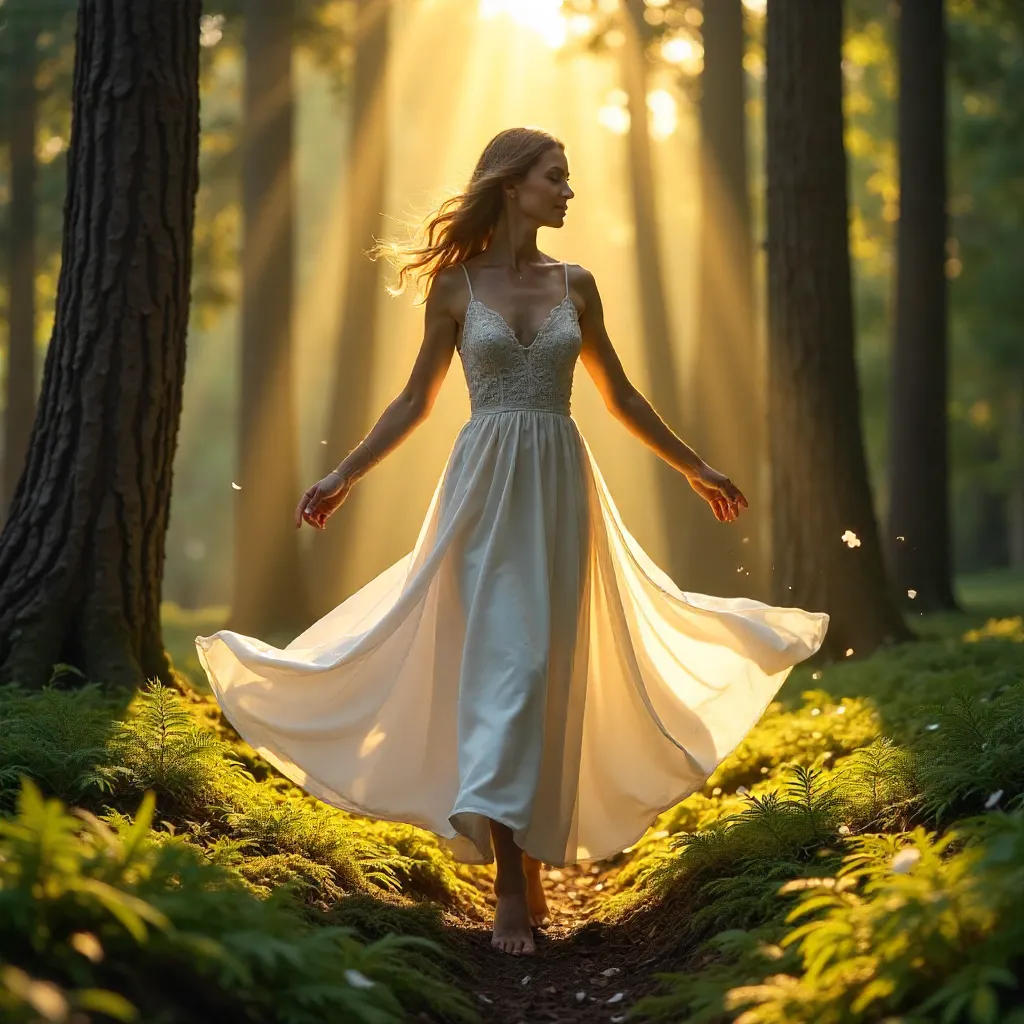 Sunlit Forest Serenade: White-Dressed Dancer